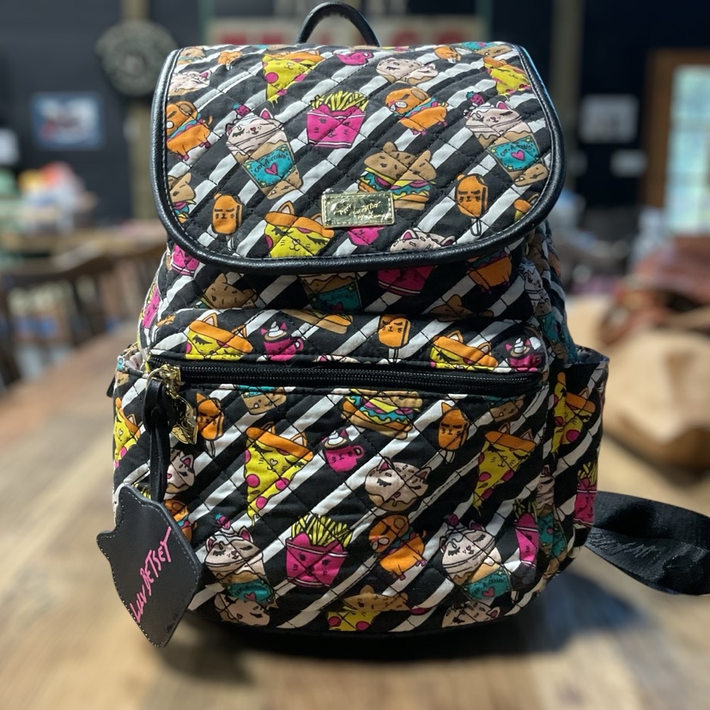 Betsey Johnson Fast Food Pizza Fries Hamburger Black Quilted Backpack